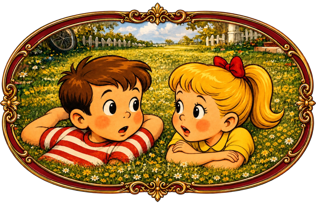 Bob and Lu talking together in a flower-filled meadow